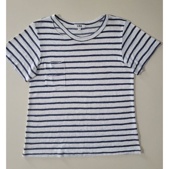 LNA Iles Navy Stripe Distressed Crewneck Short-sleeve Pullover Top - Picture 5 of 16